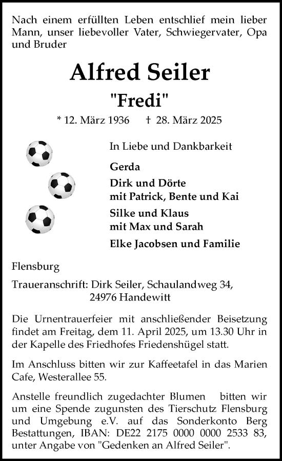 Traueranzeige von Alfred Seiler von Flensburger Tageblatt