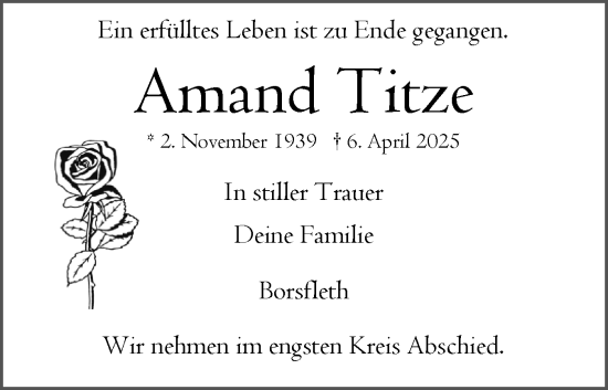 Traueranzeige von Amand Titze von Norddeutsche Rundschau, Wilstersche Zeitung, Glückstädter Fortuna