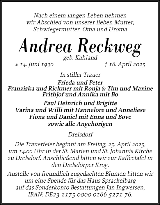Traueranzeige von Andrea Reckweg von Husumer Nachrichten, Nordfriesland Tageblatt