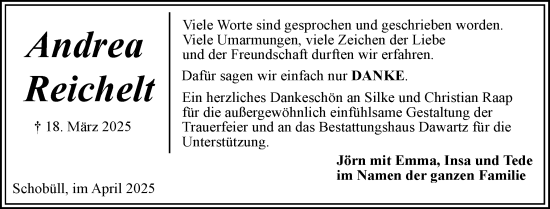 Traueranzeige von Andrea Reichelt von Husumer Nachrichten, Nordfriesland Tageblatt