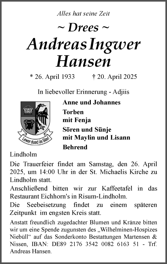 Traueranzeige von Andreas  Hansen von Husumer Nachrichten, Nordfriesland Tageblatt