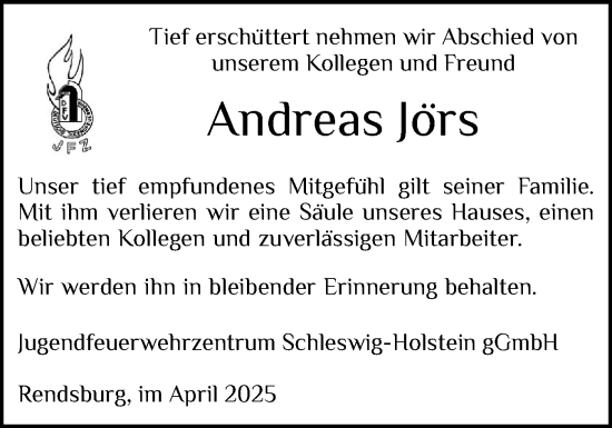 Traueranzeige von Andreas Jörs von Schleswig-Holsteinische Landeszeitung