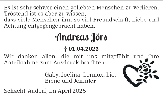 Traueranzeige von Andreas Jörs von Schleswig-Holsteinische Landeszeitung