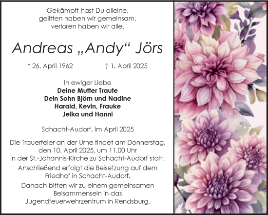 Traueranzeige von Andreas Jörs von Schleswig-Holsteinische Landeszeitung