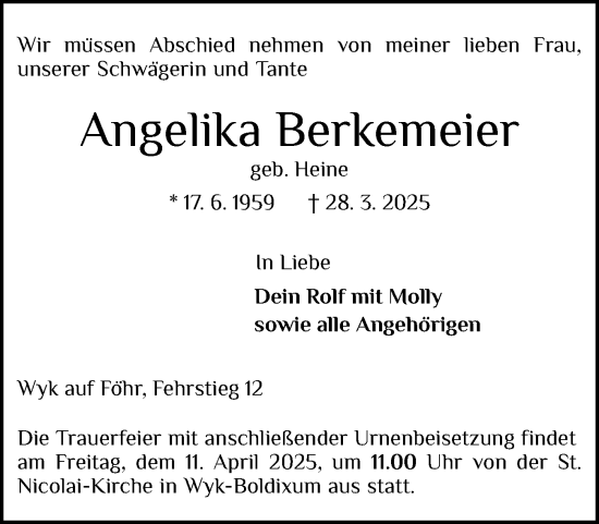 Traueranzeige von Angelika Berkemeier von Der Insel-Bote