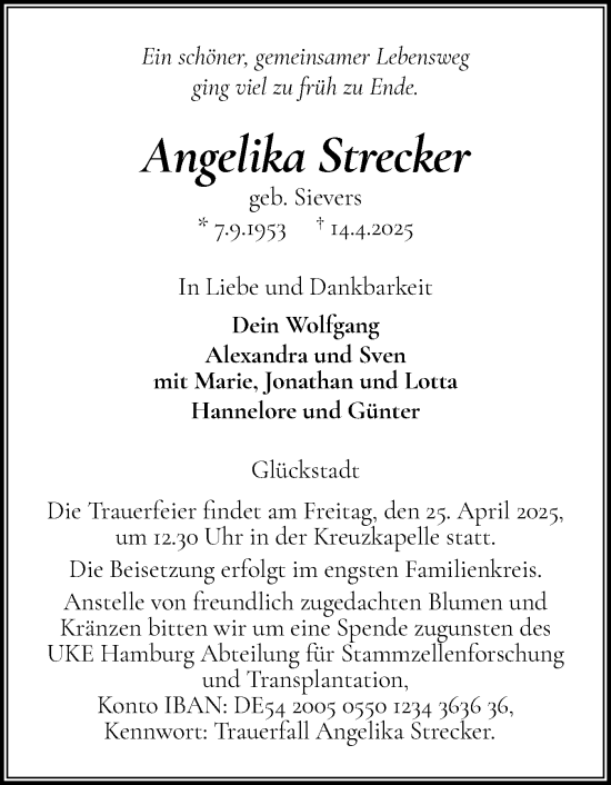 Traueranzeige von Angelika Strecker von Norddeutsche Rundschau, Wilstersche Zeitung, Glückstädter Fortuna