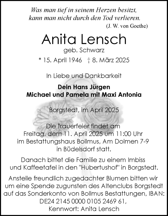 Traueranzeige von Anita Lensch von Schleswig-Holsteinische Landeszeitung