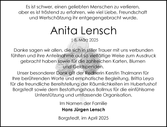 Traueranzeige von Anita Lensch von Schleswig-Holsteinische Landeszeitung