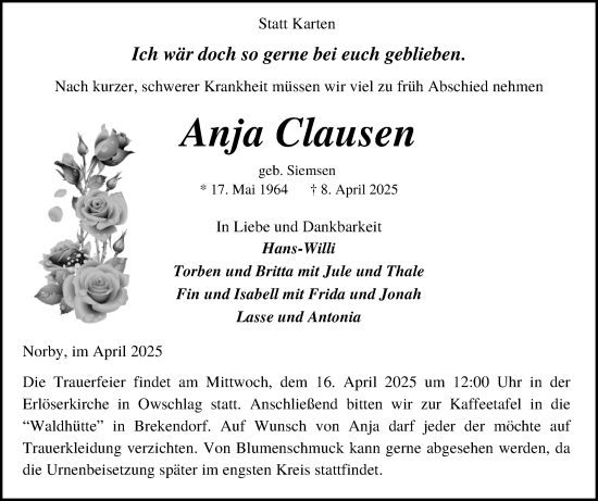 Traueranzeige von Anja Clausen von Schleswig-Holsteinische Landeszeitung