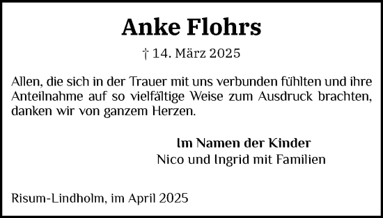 Traueranzeige von Anke Flohrs von Husumer Nachrichten, Nordfriesland Tageblatt