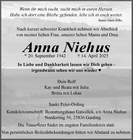 Traueranzeige von Anna Niehus von Husumer Nachrichten, Nordfriesland Tageblatt