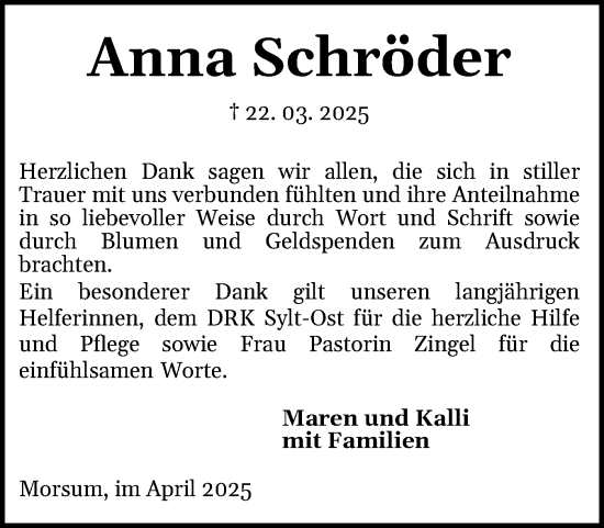 Traueranzeige von Anna Schröder von Sylter Rundschau