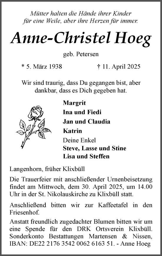 Traueranzeige von Anne-Christel Hoeg von Husumer Nachrichten, Nordfriesland Tageblatt