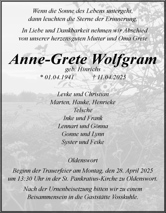 Traueranzeige von Anne-Grete Wolfgram von Husumer Nachrichten, Nordfriesland Tageblatt