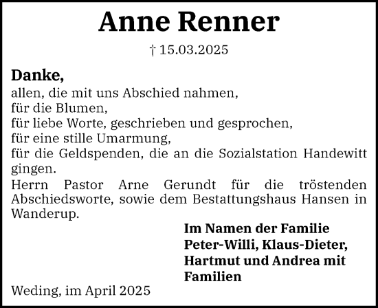 Traueranzeige von Anne Renner von Flensburger Tageblatt
