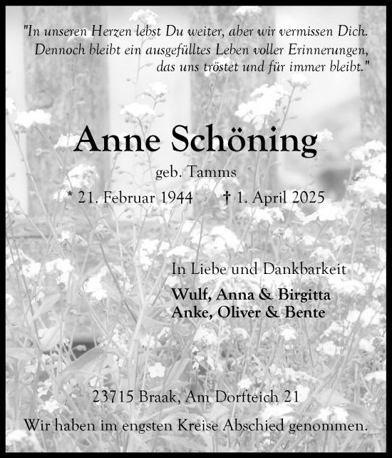 Traueranzeige von Anne Schöning von Ostholsteiner Anzeiger