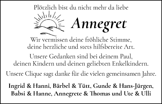 Traueranzeige von Annegret  von Husumer Nachrichten, Nordfriesland Tageblatt