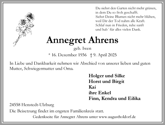 Traueranzeige von Annegret Ahrens von Umschau