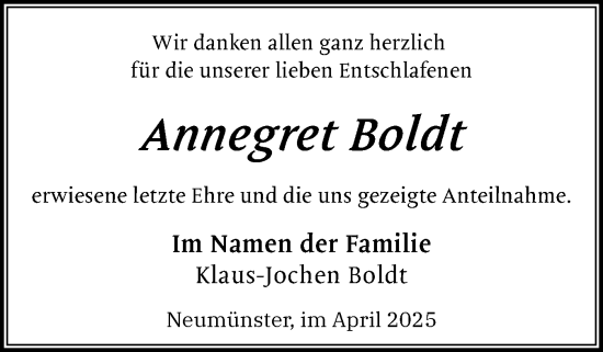 Traueranzeige von Annegret Boldt von Holsteinischer Courier
