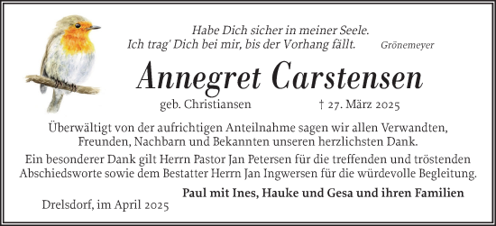 Traueranzeige von Annegret Carstensen von Husumer Nachrichten, Nordfriesland Tageblatt