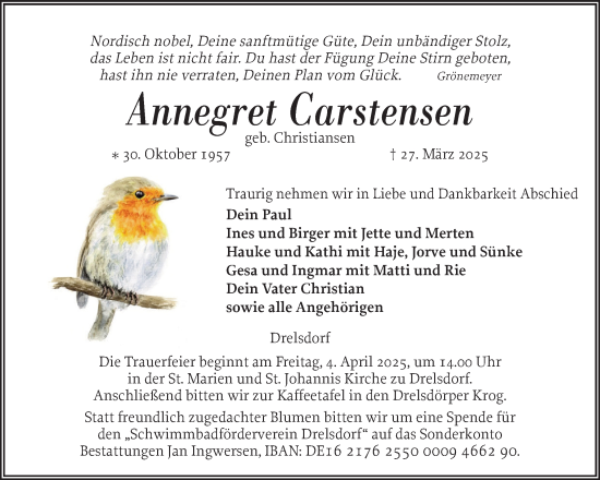 Traueranzeige von Annegret Carstensen von Husumer Nachrichten, Nordfriesland Tageblatt