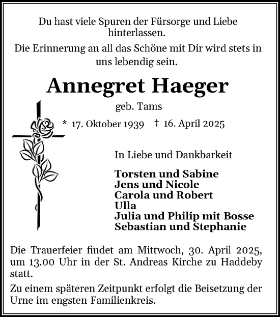 Traueranzeige von Annegret Haeger von Schleswiger Nachrichten, Schlei-Bote