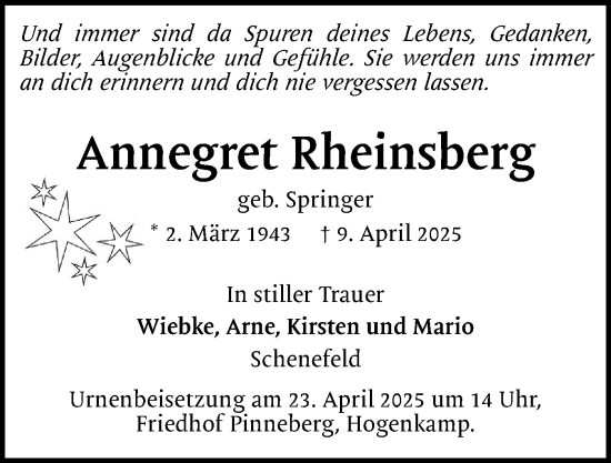Traueranzeige von Annegret Rheinsberg von Region Pinneberg und tip Pinneberg