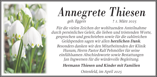 Traueranzeige von Annegrete Thiesen von Husumer Nachrichten, Nordfriesland Tageblatt