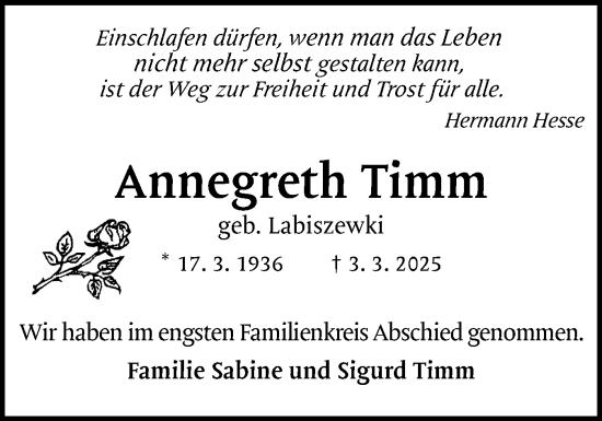 Traueranzeige von Annegreth Timm von Region Pinneberg und tip Pinneberg