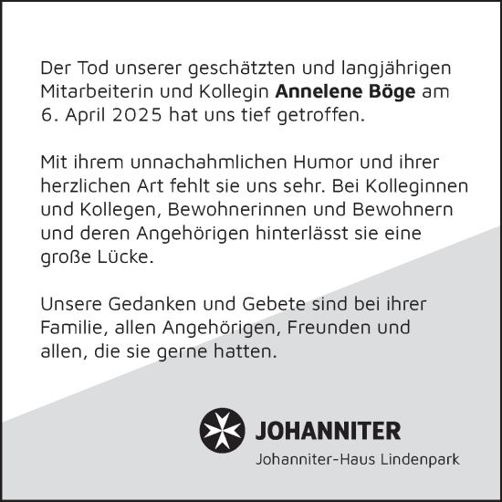 Traueranzeige von Annelene Böge von Elmshorner Nachrichten, Barmstedter Zeitung