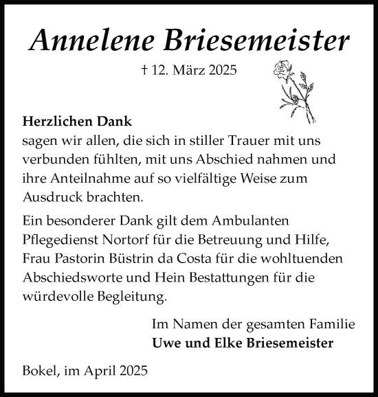 Traueranzeige von Annelene Briesemeister von Schleswig-Holsteinische Landeszeitung