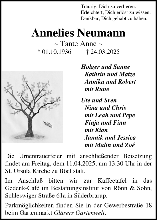 Traueranzeige von Annelies Neumann von Flensburger Tageblatt, Schleswiger Nachrichten, Schlei-Bote