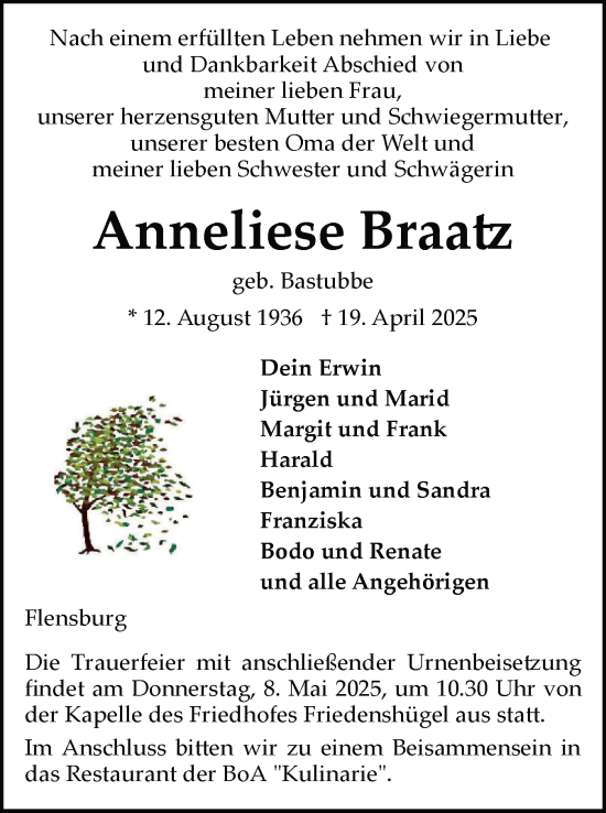 Traueranzeige von Anneliese Braatz von Flensburger Tageblatt