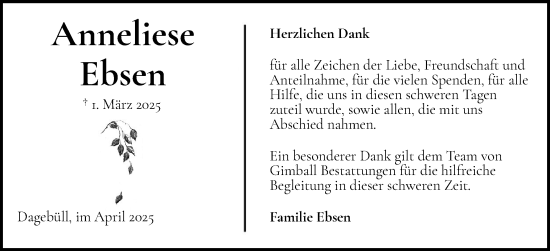 Traueranzeige von Anneliese Ebsen von Husumer Nachrichten, Nordfriesland Tageblatt