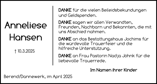 Traueranzeige von Anneliese Hansen von Schleswiger Nachrichten, Schlei-Bote