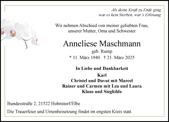 Traueranzeige von Anneliese Maschmann von Wochenend Anzeiger
