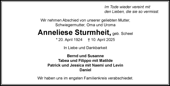 Traueranzeige von Anneliese Sturmheit von MARKT Ahrensburg/Bargteheide/Trittau und Stormarner Tageblatt