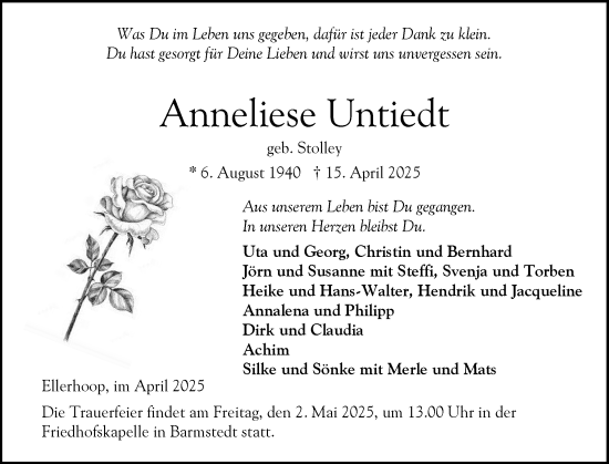 Traueranzeige von Anneliese Untiedt von Elmshorner Nachrichten, Barmstedter Zeitung