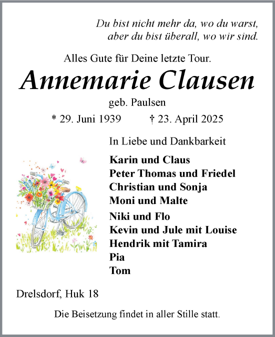 Traueranzeige von Annemarie Clausen von Husumer Nachrichten, Nordfriesland Tageblatt