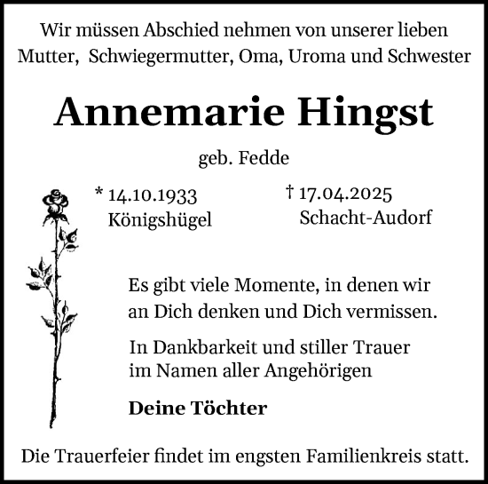 Traueranzeige von Annemarie Hingst von Schleswig-Holsteinische Landeszeitung