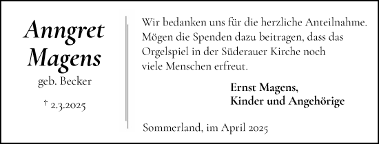 Traueranzeige von Anngret Magens von Region Steinburg-Elmshorn