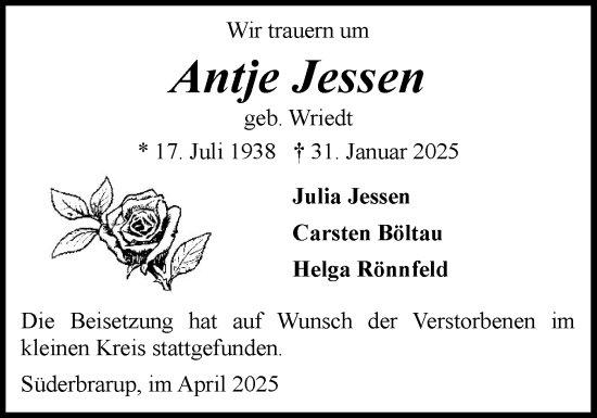 Traueranzeige von Antje Jessen von Schleswiger Nachrichten, Schlei-Bote