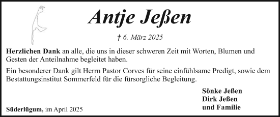 Traueranzeige von Antje Jeßen von Husumer Nachrichten, Nordfriesland Tageblatt