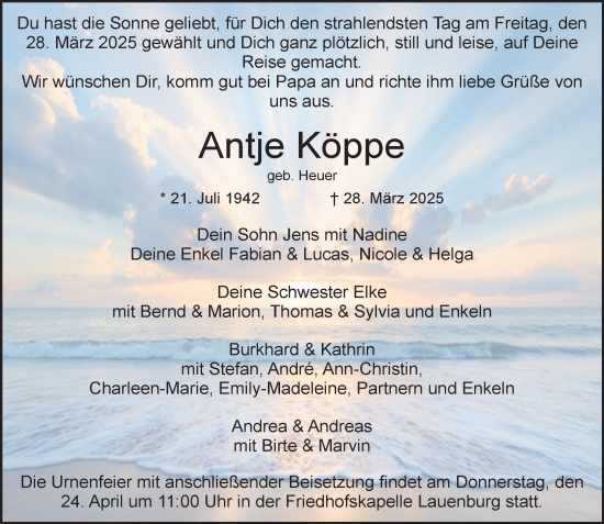 Traueranzeige von Antje Köppe von Wochenend Anzeiger