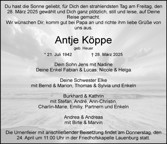 Traueranzeige von Antje Köppe von Wochenend Anzeiger