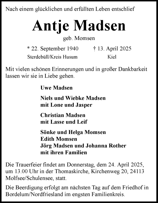 Traueranzeige von Antje Madsen von Husumer Nachrichten, Nordfriesland Tageblatt