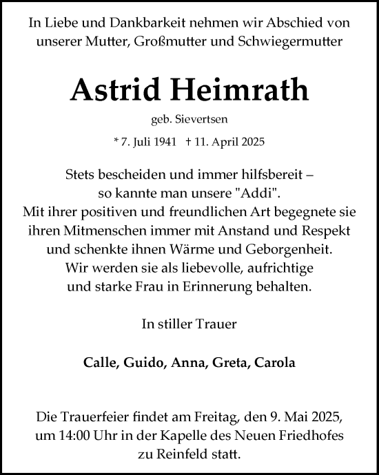 Traueranzeige von Astrid Heimrath von MARKT Bad Oldesloe/Reinfeld und Stormarner Tageblatt