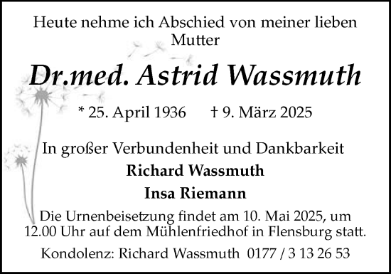 Traueranzeige von Astrid Wassmuth von Flensburger Tageblatt