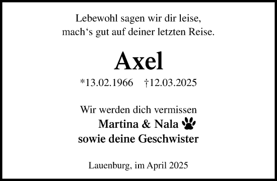 Traueranzeige von Axel  von Wochenend Anzeiger