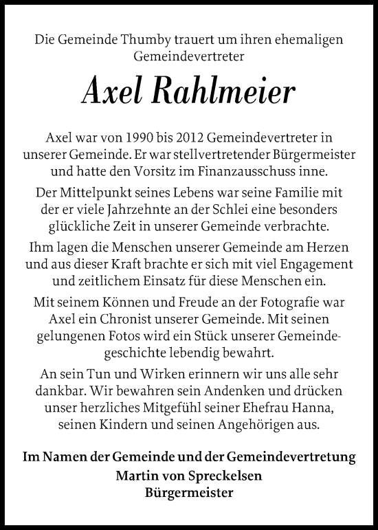 Traueranzeige von Axel Rahlmeier von Eckernförder Zeitung, Hallo Eckernförde